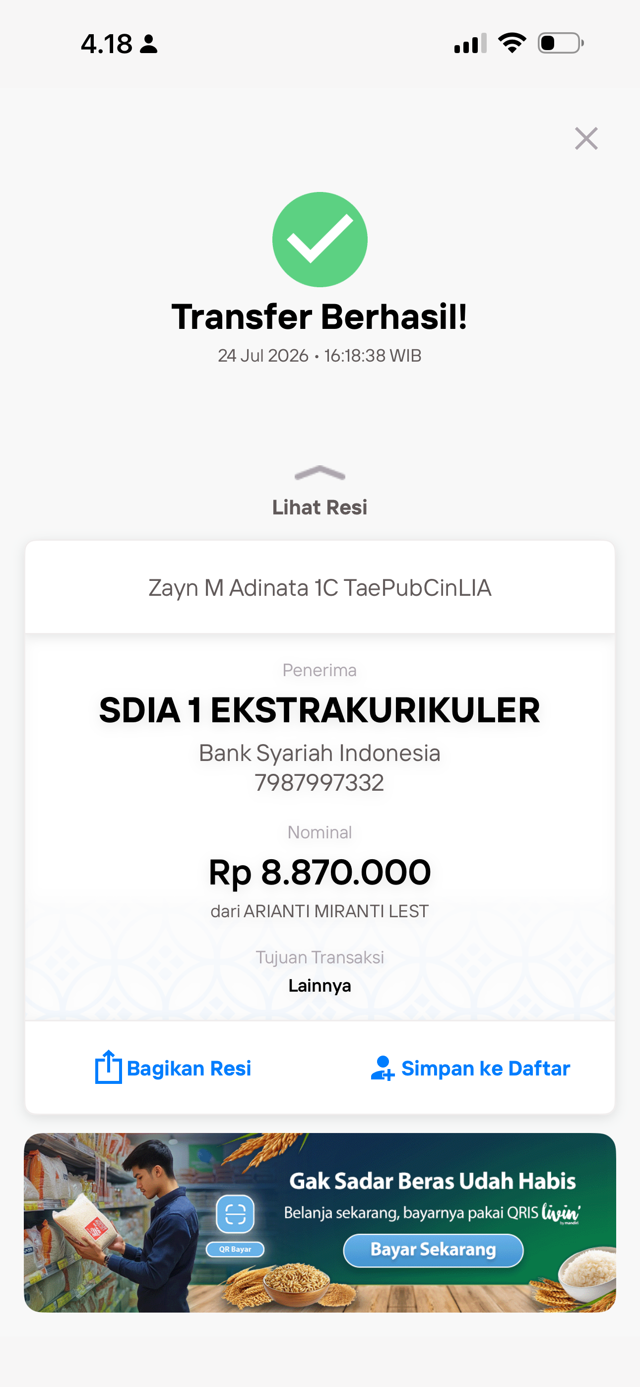 Bukti TF Zayn Muhammad Adinata